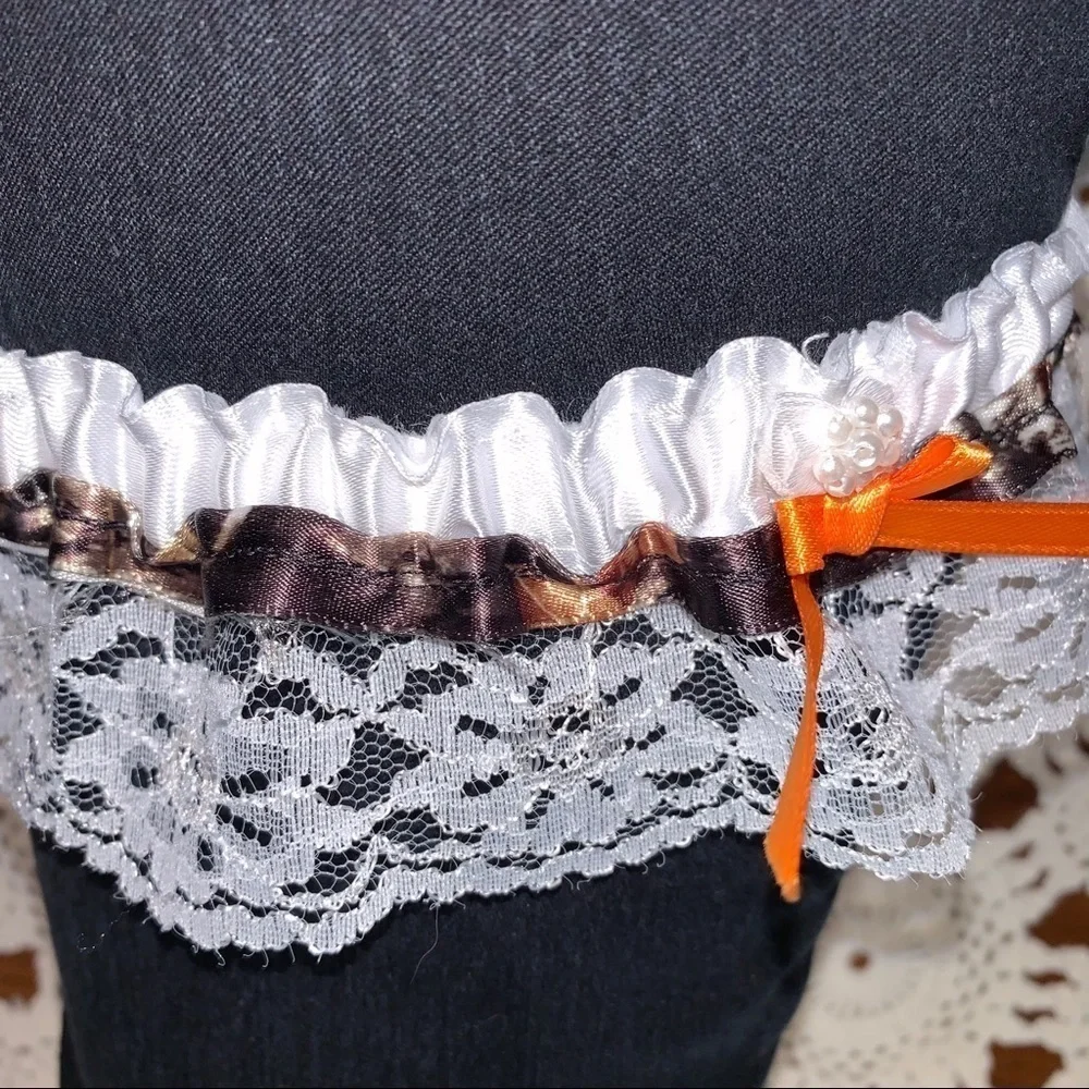 White Lace & Camo Garter w/ Orange Bow